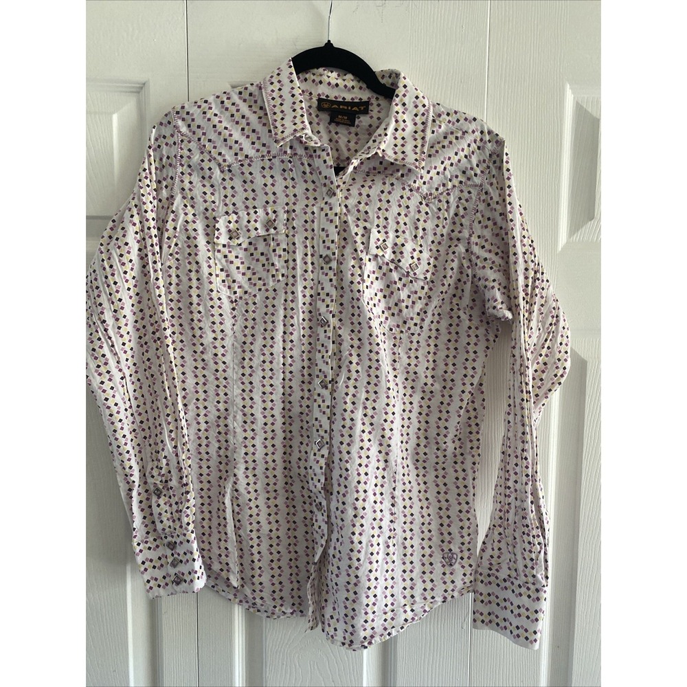 Ariat Women's Medium Purple Diamond Print Pearl Snap Western Rockabilly Rodeo